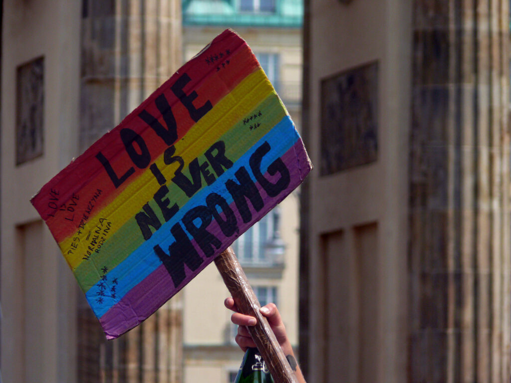 Rainbow picket sign that says: Love is never wrong