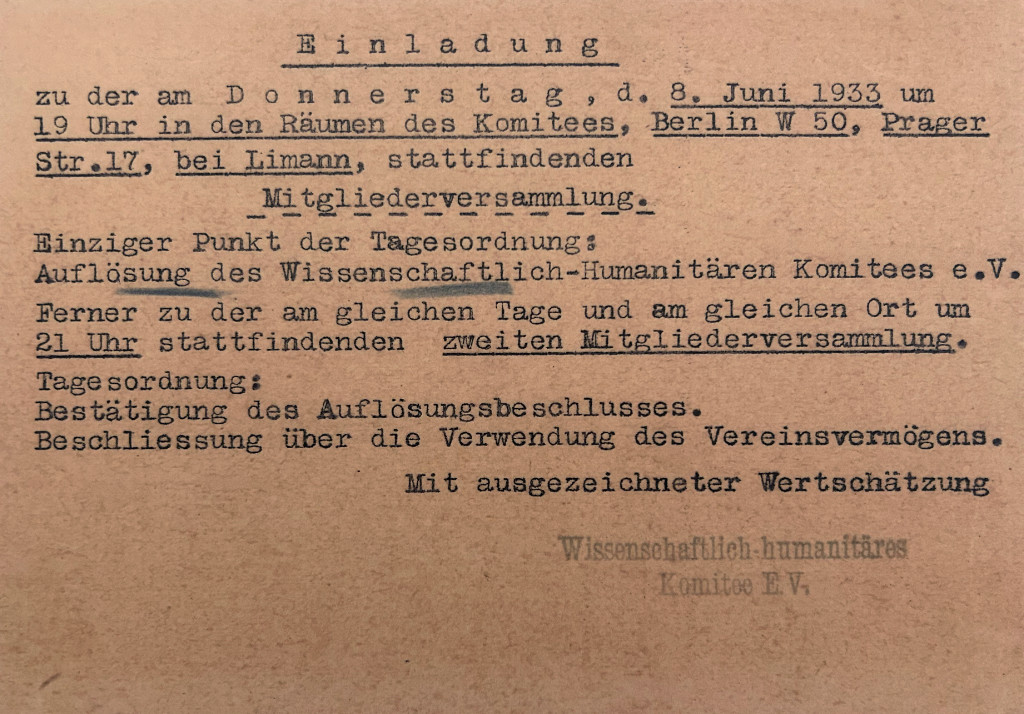 Invitation to the members to dissolve the Wissenschaftlich-humanitäres Komitee on June 8, 1933.