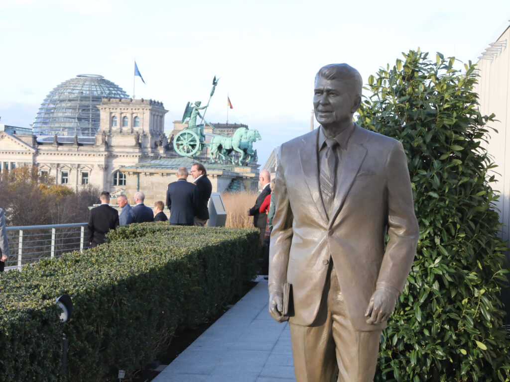 The statue of Ronald Reagan atop the US Embassy in Berlin.