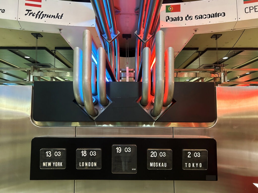 The world clock at the meeting point at ICC Berlin.