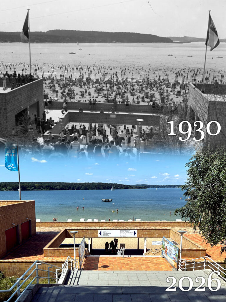 The beach at Wannsee in 1930 and 2026.